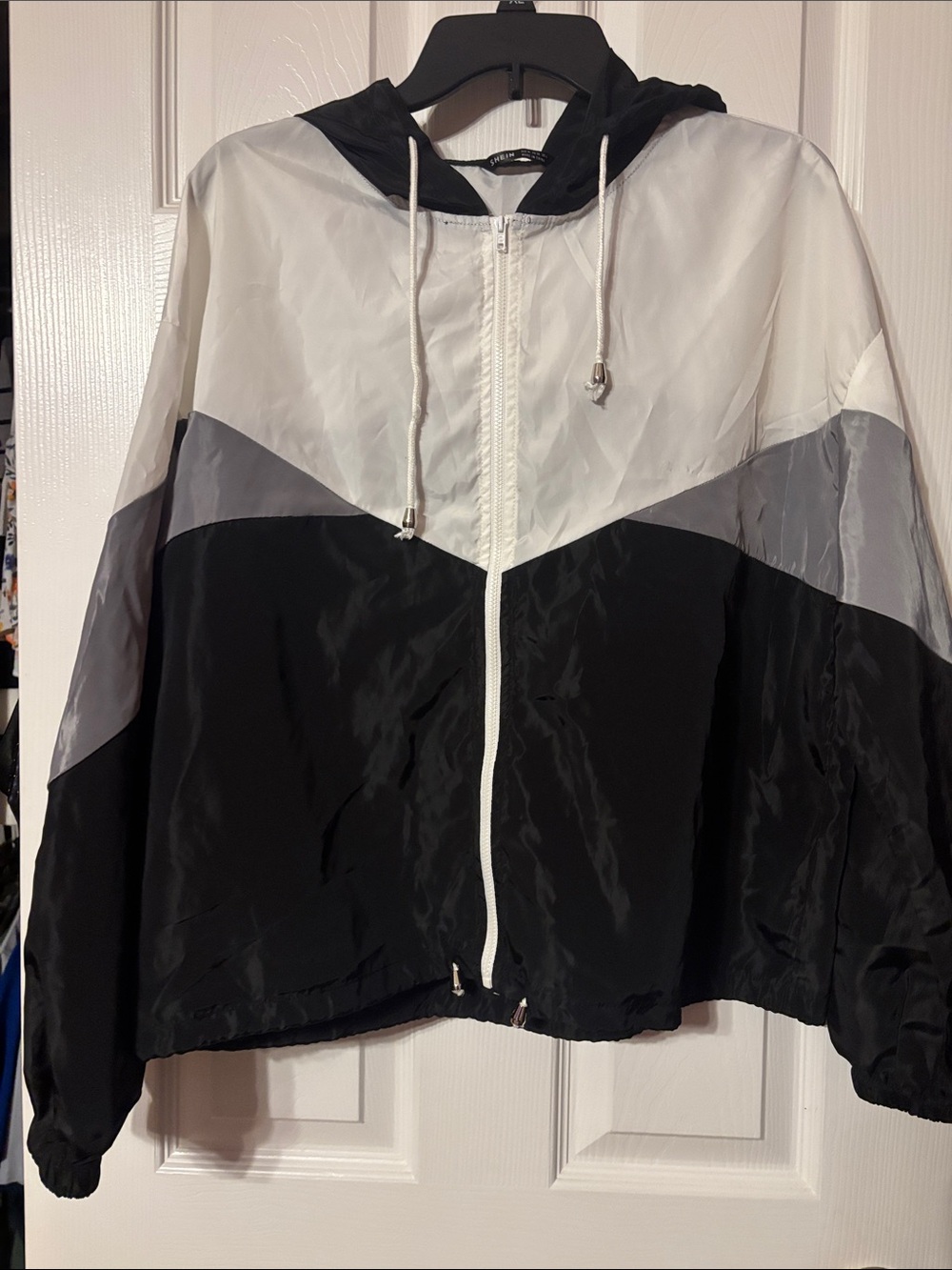 SHEIN Black, White & Gray Colorblock Hooded windbreaker Jacket size medium
